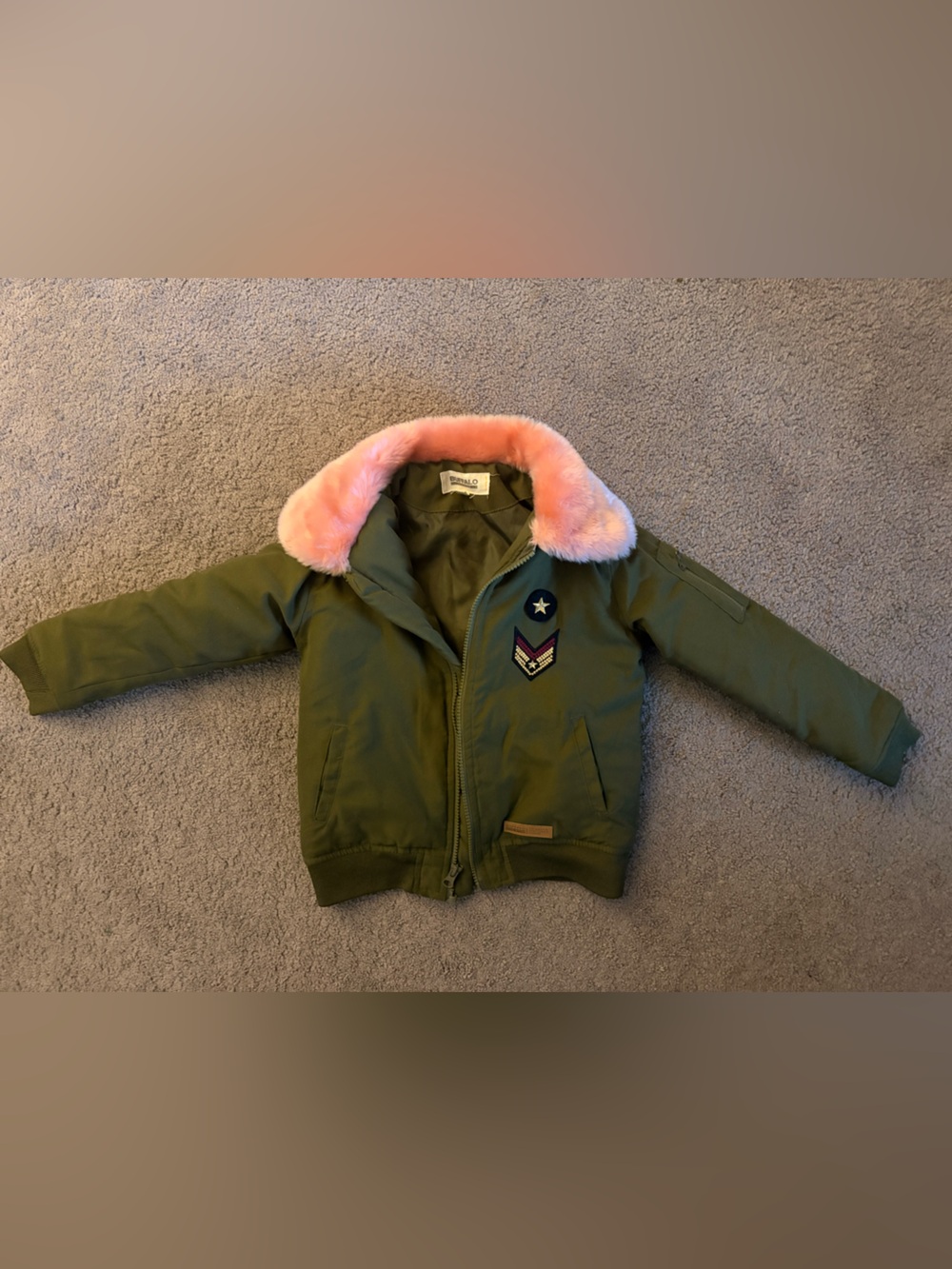 Buffalo David Bitton Olive Green Puffer Jacket with Pink Faux Fur Collar